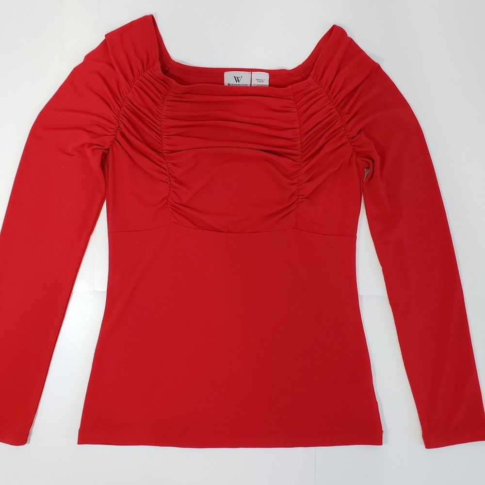 Worthington Stretch Women's Red Blouse, Size Small with Beautiful Cinching